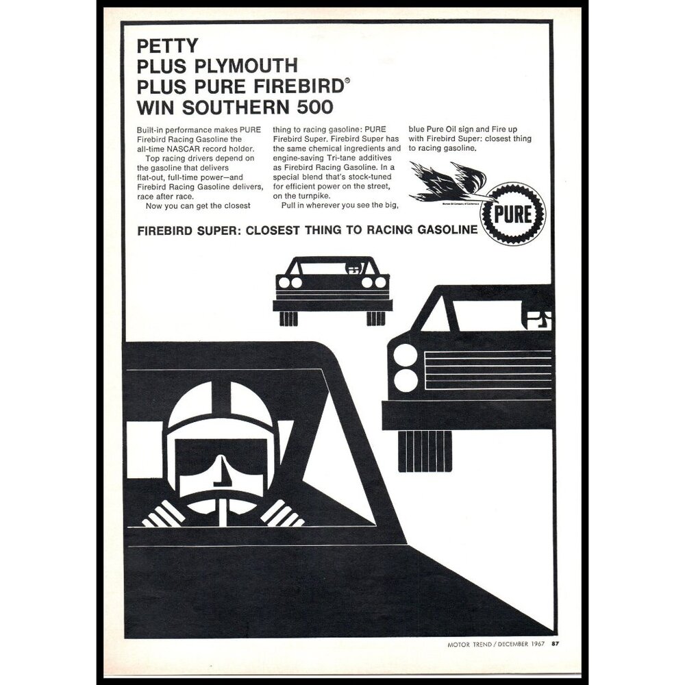 1967 Pure Oil Firebird Super Gasoline Vintage Print Ad Richard Petty Wall Art